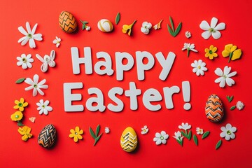 Brightly colored Easter eggs and various flowers are arranged around a cheerful Happy Easter! message on a vivid red background, creating a festive and joyful atmosphere.