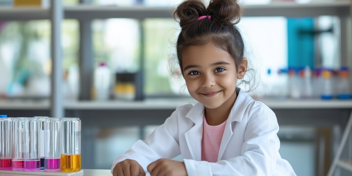 A young girl in a lab coat is smiling and sitting at a table with various beakers and test tubes