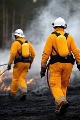 Two firefighters in yellow and white uniforms are walking through a fire. One of them is holding a hose