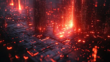A futuristic digital landscape with glowing structures and vibrant red lights.