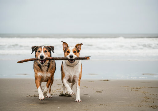 Two happy dogs play together on the beach carrying a stick during a cloudy day