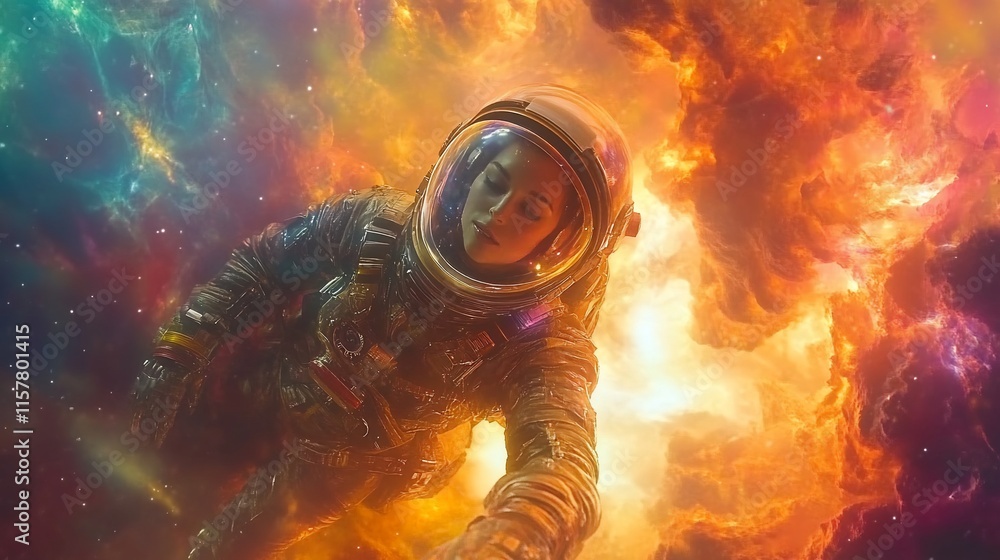 Aufkleber astronaut floating in a colorful cosmic space, exploring the universe.