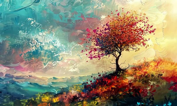 Colorful digital artwork of solitary tree with impressionistic style
