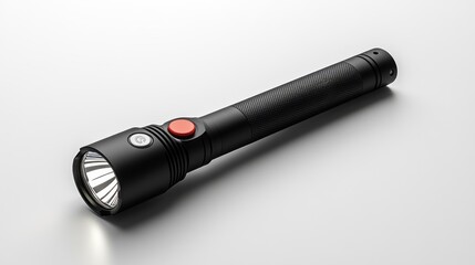 Sleek black flashlight with red button and bright LED light.