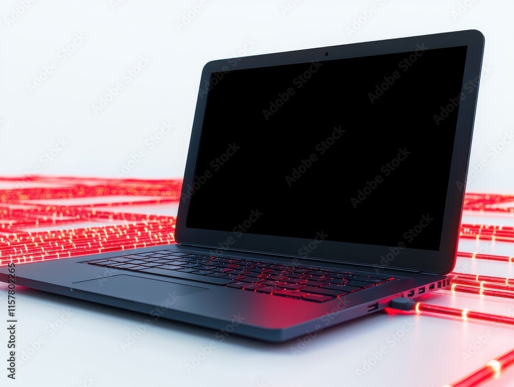 Poster laptop displaying warning icon on a futuristic background with neon lines, ideal for technology and 