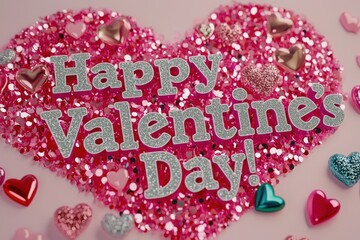 Bright pink heart-shaped decorations glisten with glitter and sparkling accents. Candies and small hearts surround a message wishing everyone a happy Valentines Day in a festive setting.