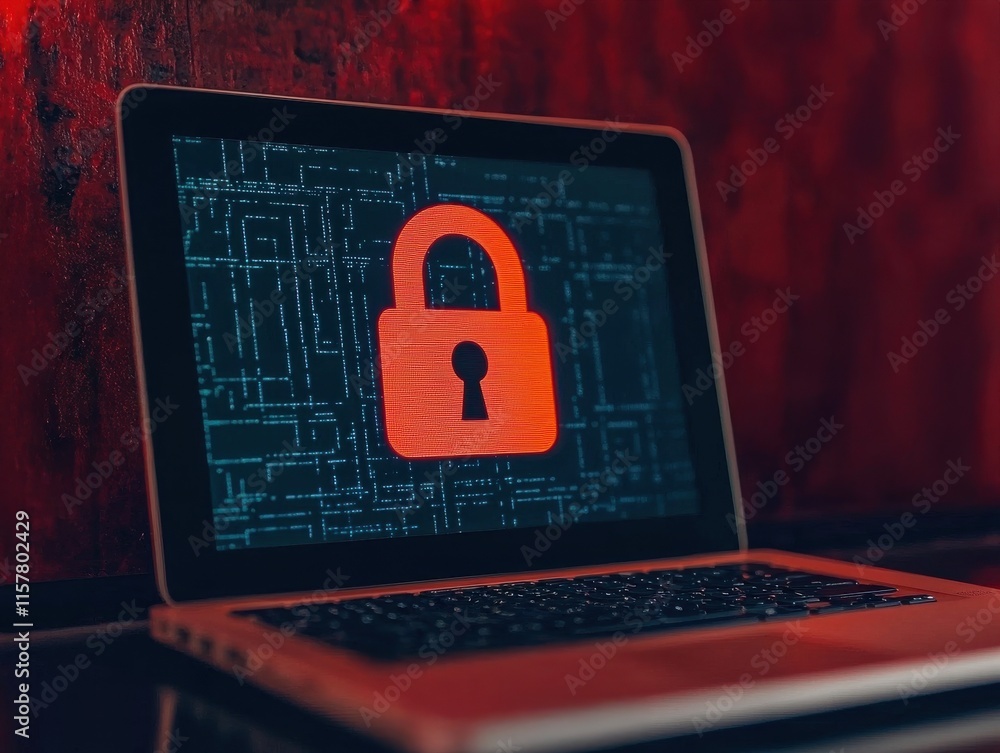 Poster close-up of laptop screen displaying a padlock icon on a dark background, symbolizing cybersecurity 