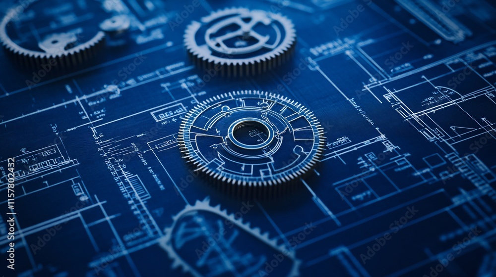 Poster blueprint design featuring gears, illustrating mechanical engineering concepts.