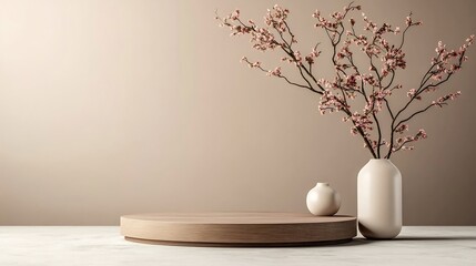 Elegant Minimalist Product Mockup: Blooming Branches on Wooden Display. AI Generated