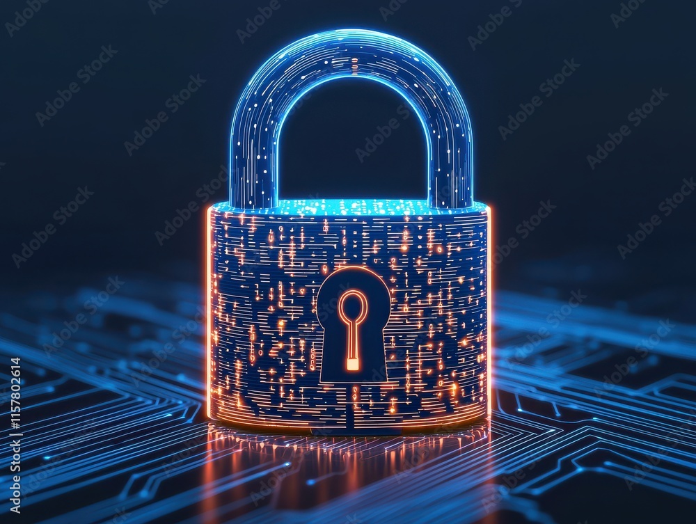 Poster futuristic padlock icon encased in a glowing circuit pattern, representing digital security and prot