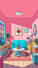 Vibrant retro living room with plants and geometric decor trends