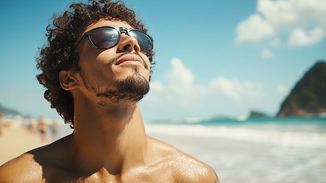A captivating scene of a Brazilian man enjoying a sunny day on the beach, sunbathing in a sunga, surrounded by calm waves and a picturesque tropical landscape.

