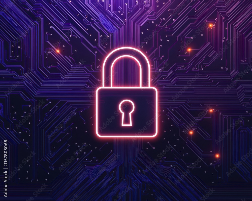 Poster digital padlock icon projected over a circuit board background, representing cybersecurity, digital 