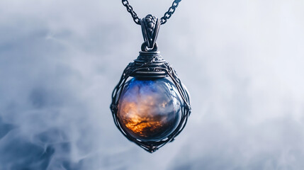 Close-up Photo: Intricately Crafted Celestial Pendant Necklace Against Dreamy Clouds. AI Generated