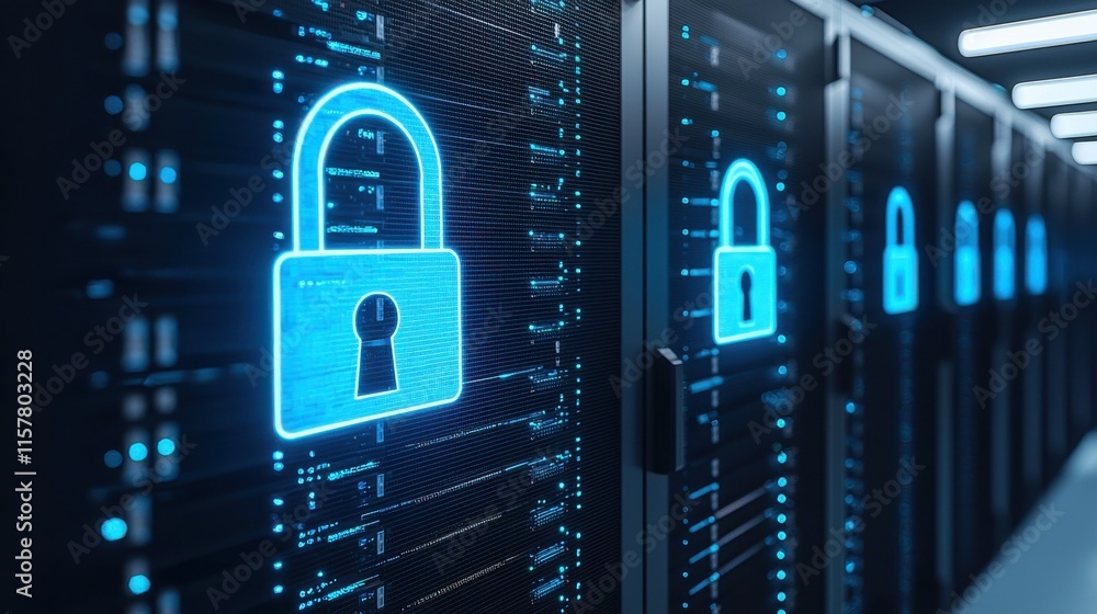 Poster high-tech server room with glowing blue padlock symbolizing secure data protection and cybersecurity