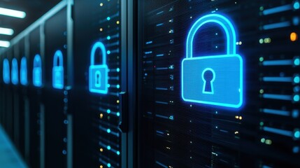 Futuristic Data Server Room with Glowing Blue Padlocks Symbolizing Security and Protection for Digital Information Storage and Management Systems