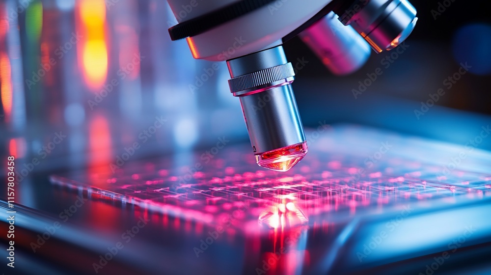Poster close-up of a microscope focusing on a specimen slide with colorful lighting.