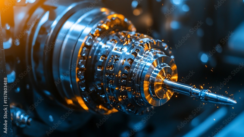 Poster close-up of a precision machining component with sparks flying.