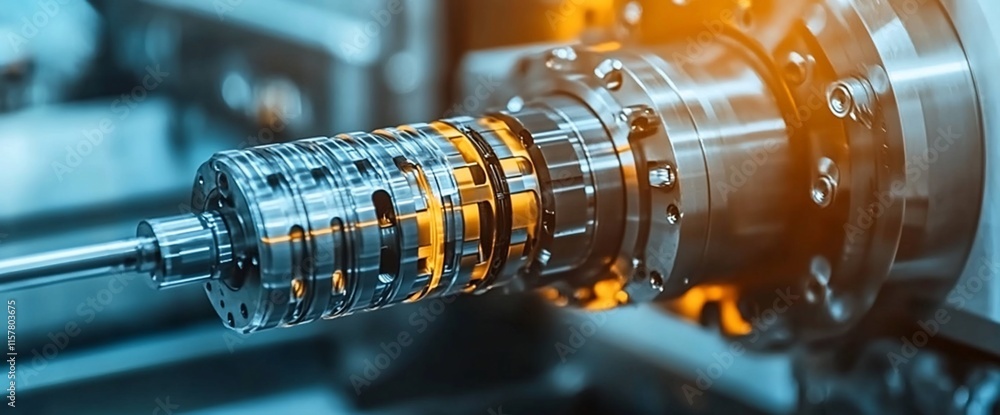 Poster close-up of a precision mechanical component in an industrial setting.