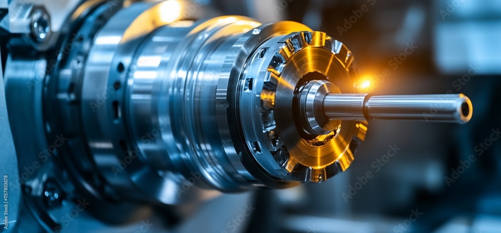 Poster close-up of a precision metal part in a machining process.
