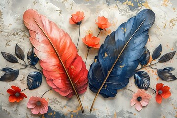 3 panel wall art, marble background with feather and flower designs