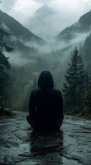 Obraz premium A man in a dark hoodie sits on a stone path surrounded by forest and mountains, with clouds in front of them. He is turned away from the viewer, looking at the distant misty peaks, creating an atmosph