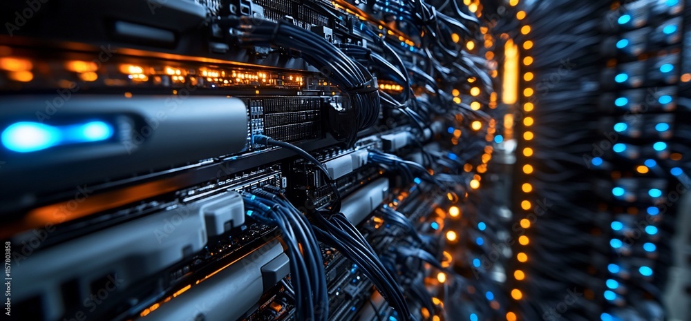 Poster close-up of server racks with illuminated cables and connections.