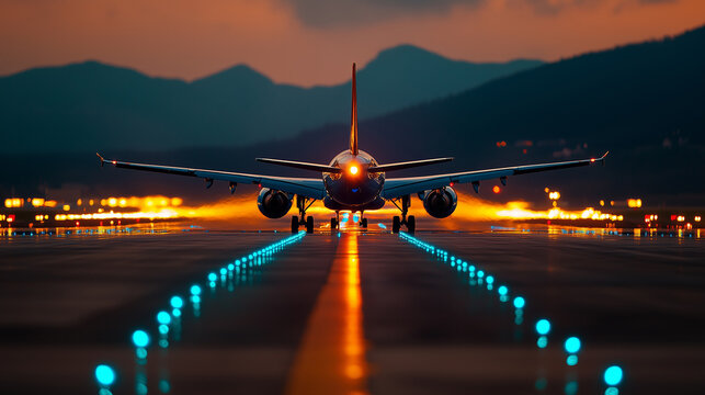 Airplane landing on a brightly lit runway against a stunning sunset backdrop in the evening sky