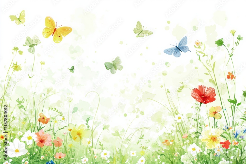 Poster colorful meadow filled with playful flowers and butterflies in a cheerful spring setting. generative