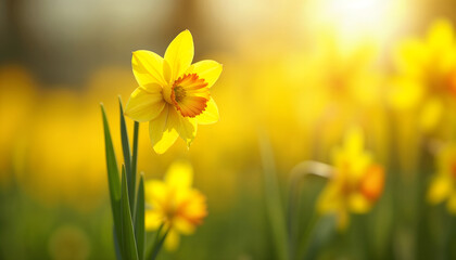 Single daffodil spring flower with yellow petals in focus and soft bokeh background © Elena