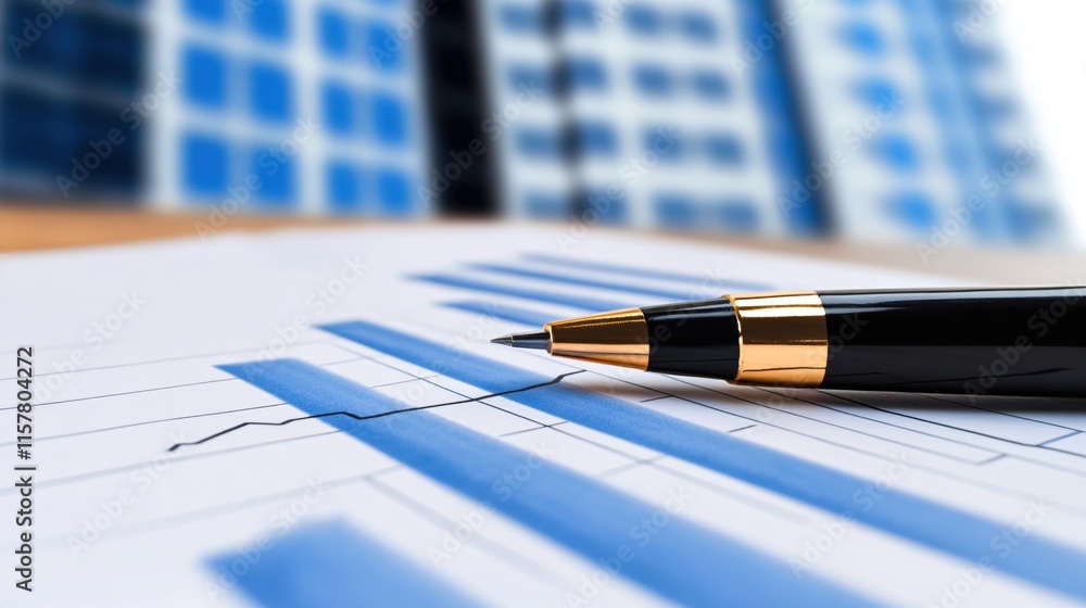 Poster elegant black pen resting on financial report with graphs and charts