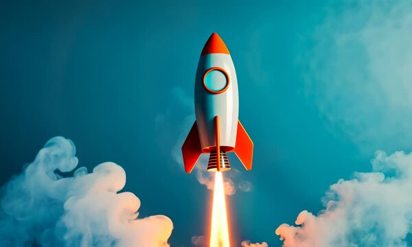 Orange and white rocket launching with smoke against blue background
