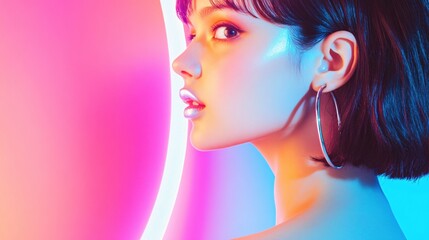 Naklejka premium Vibrant Portrait of Young Woman with Short Hair Against Colorful Background