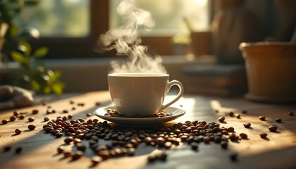 Steam rising from a cup of hot coffee, coffee beans scattered on a wooden table, open window, sunbeams, hygge, stock photography 32K, UHD, ultra HD quality, high quality 