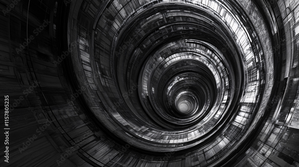 Poster a high-angle view of a spiral staircase, showcasing a mesmerizing pattern of curves and layers, lead