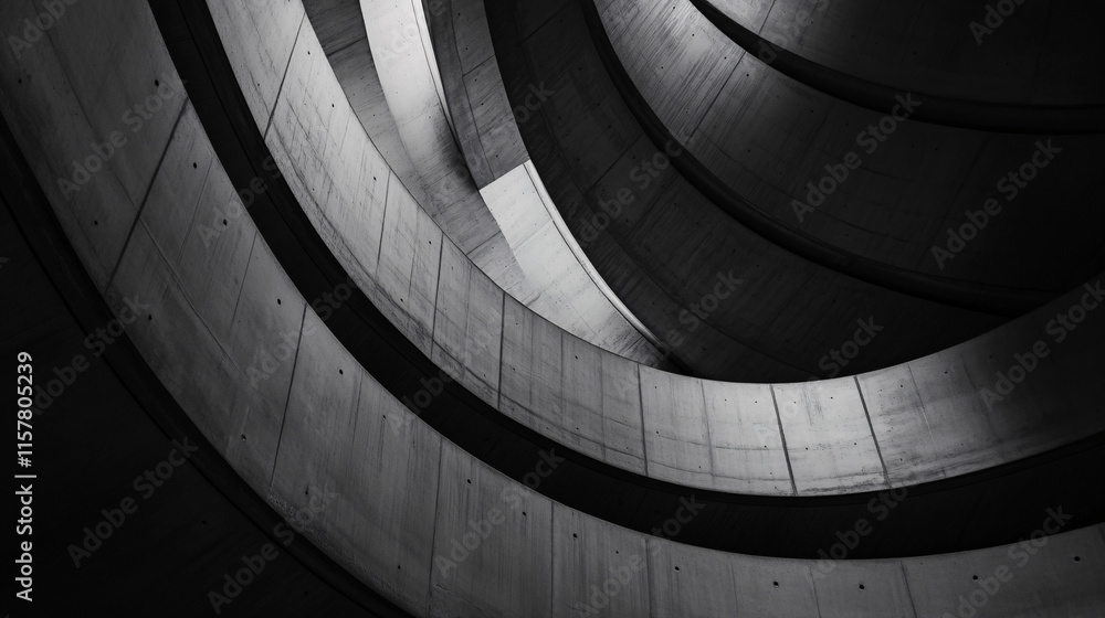 Poster an abstract high-angle view of a spiral staircase showcasing smooth concrete curves and dramatic lig