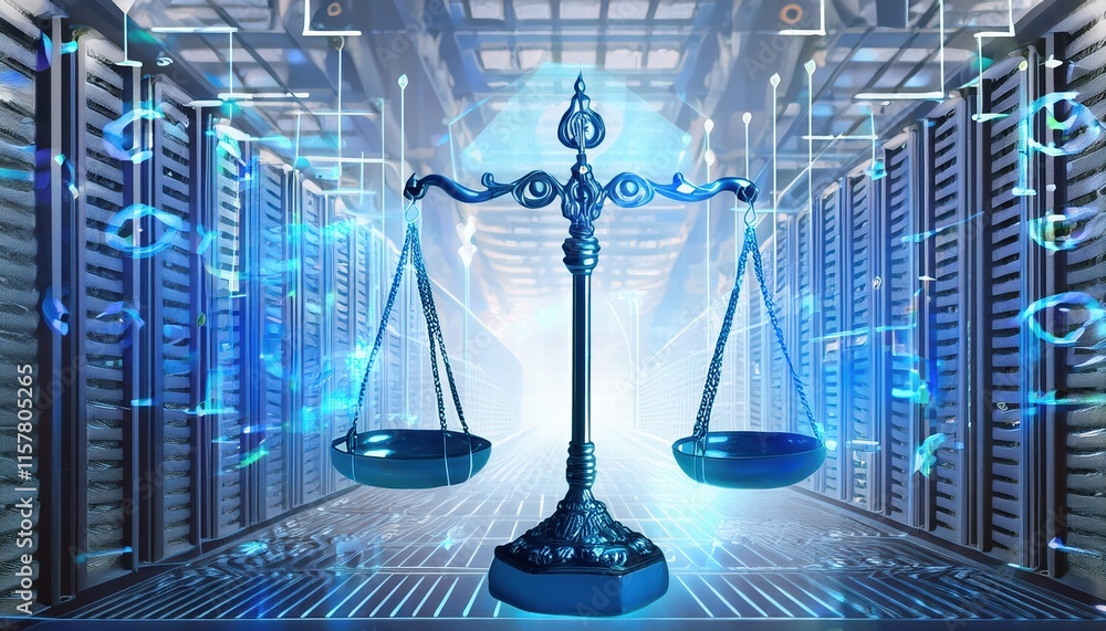 Poster digital law concept scales of justice against the backdrop of a data center exploring the duality of