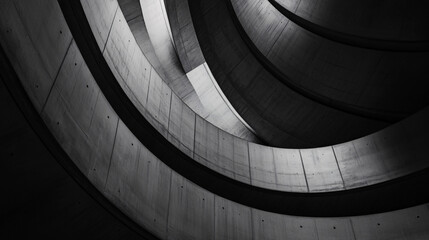 Obraz premium An abstract high-angle view of a spiral staircase showcasing smooth concrete curves and dramatic lighting creating a sense of depth and modern design