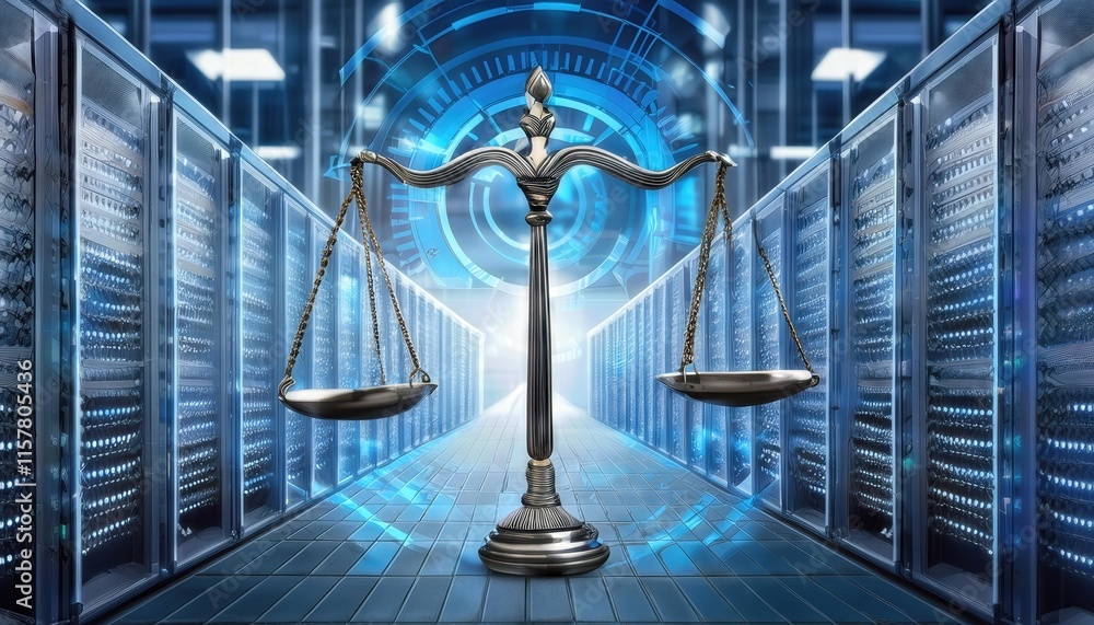 Poster digital law concept scales of justice against a data center background symbolizing the duality of ju