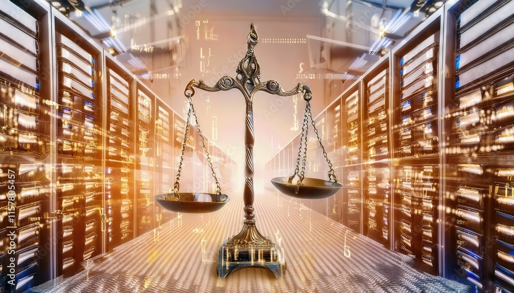 Poster digital law concept scales of justice against a data center background exploring the duality of judi