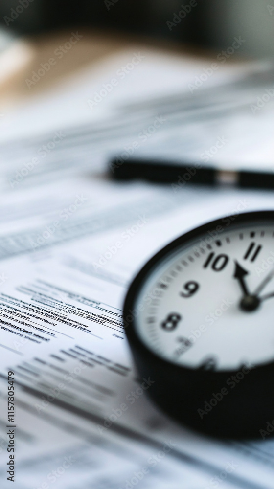 Poster a minimalistic close-up of a black clock resting on a pile of papers, emphasizing time management an