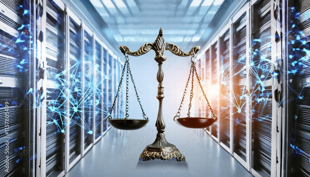 Poster digital law concept the duality of judiciary represented by scales of justice against a data center 