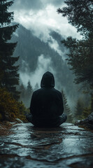 Obraz premium A man in a dark hoodie sits on a stone path surrounded by forest and mountains, with clouds in front of them. He is turned away from the viewer, looking at the distant misty peaks, creating an atmosph