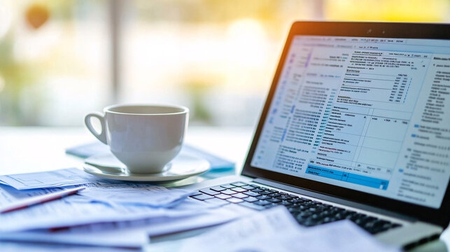A minimalistic close-up of a laptop with open spreadsheets beside a white cup of coffee, creating a serene and organized workspace atmosphere