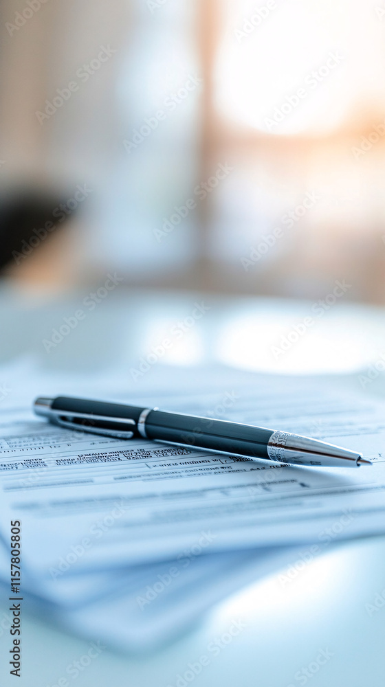 Poster a minimalistic close-up of a sleek pen resting on a stack of paperwork with soft blurred backgrounds