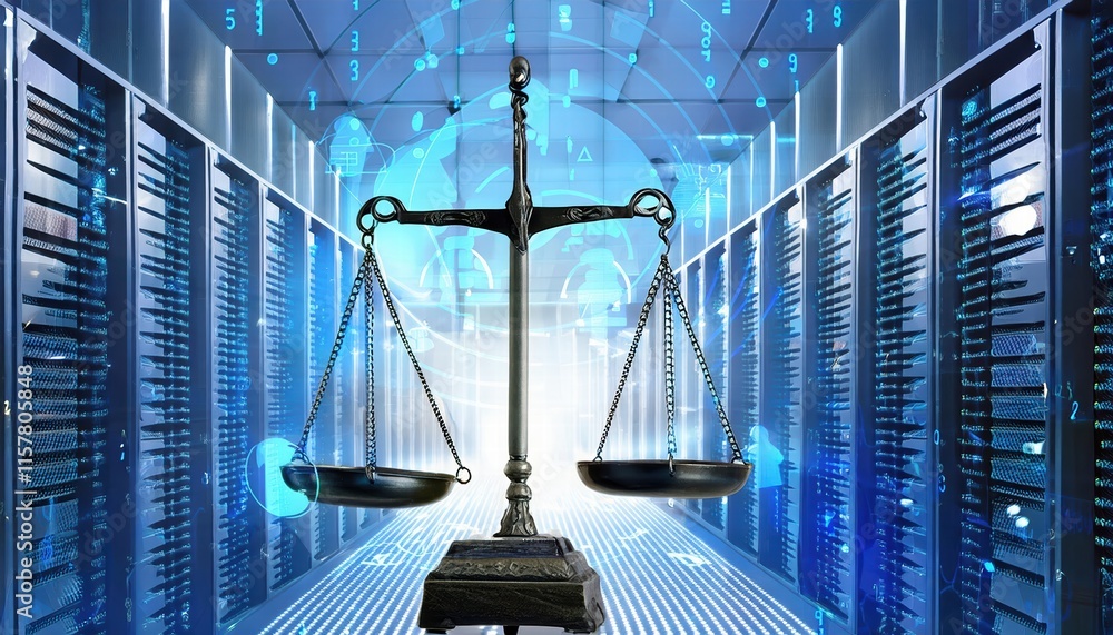 Poster digital law concept scales of justice against a data center background exploring the duality of judi