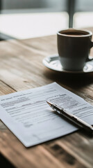 a minimalistic close-up of a receipt placed on a wooden table with a coffee cup in the background creating a calm and inviting atmosphere