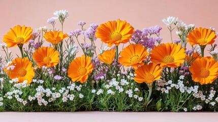 A vibrant arrangement of orange and purple flowers against a soft pink background.