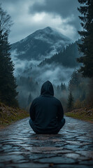 A man in a dark hoodie sits on a stone path surrounded by forest and mountains, with clouds in front of them. He is turned away from the viewer, looking at the distant misty peaks, creating an atmosph