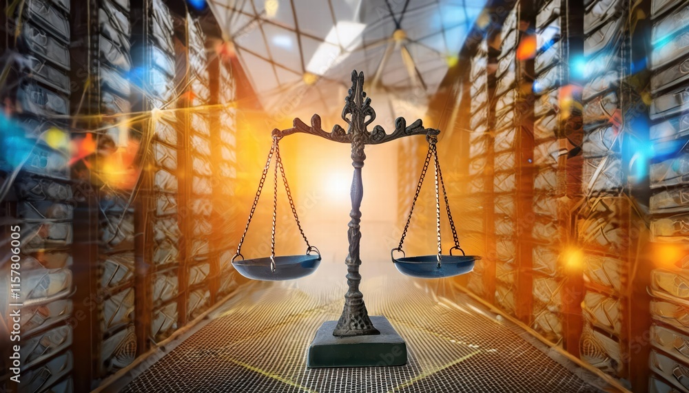Poster digital law concept scales of justice against the data center background exploring the duality of ju